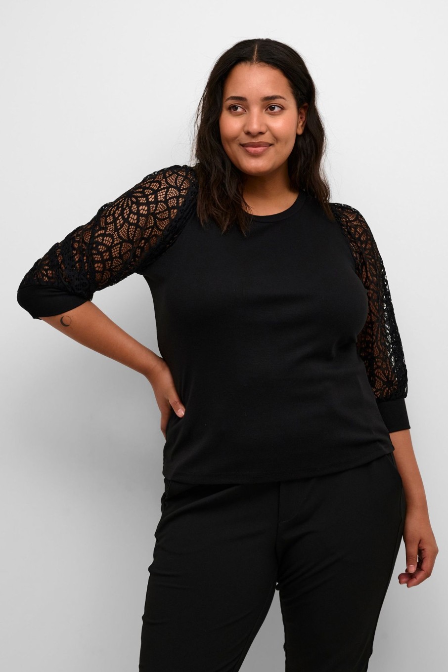 Overdele Kaffe Curve | Kcbella Lace T-Shirt 100121 Black Deep