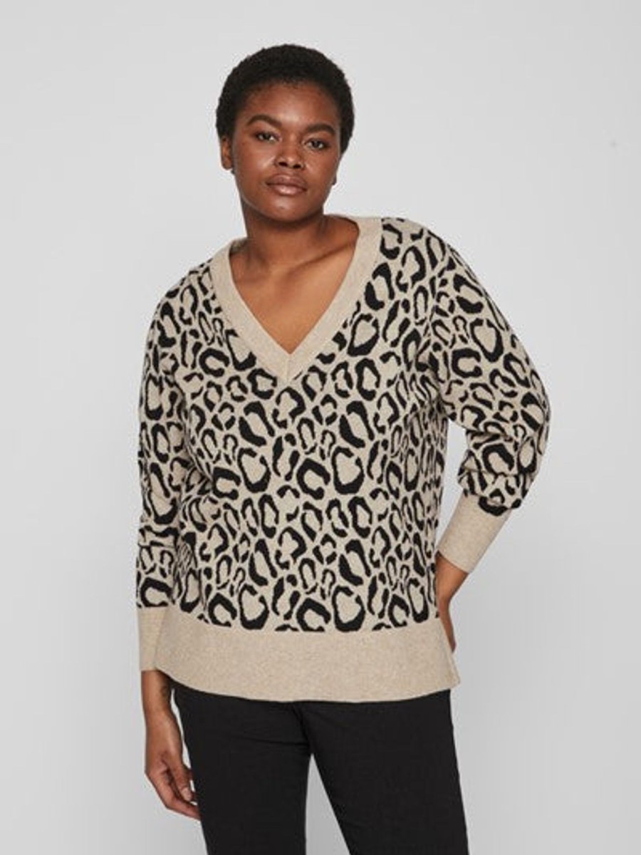 Overdele EVOKED VILA | Viril V-Neck L/S Leo Knit Top/Cur - Noos Natural Melange Leo