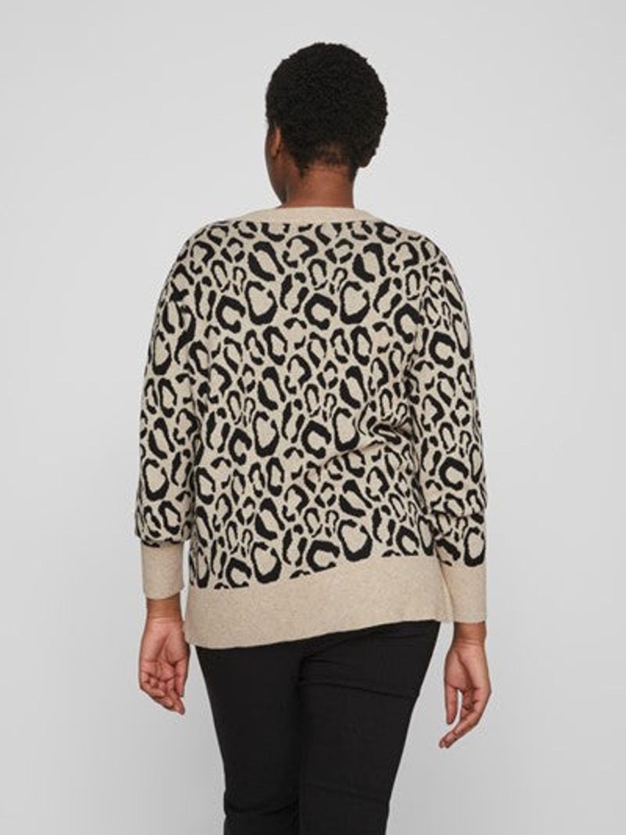 Overdele EVOKED VILA | Viril V-Neck L/S Leo Knit Top/Cur - Noos Natural Melange Leo