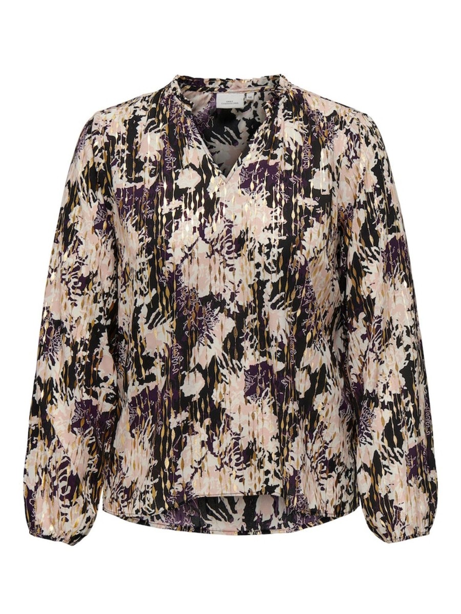 Overdele ONLY CARMAKOMA | Carreece L/S V-Neck Top Aop Black Broken Flower Aop