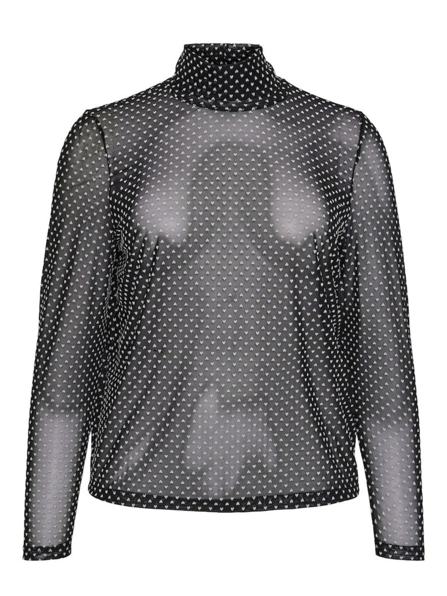 Overdele Pieces Curve | Pcline Ls High Neck Mesh Top Black Hearts