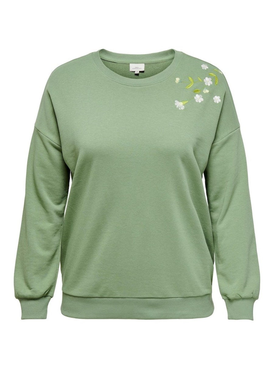 Overdele Only Carmakoma | Carlofia L/S O-Neck Emb Flower Swt Hedge Green