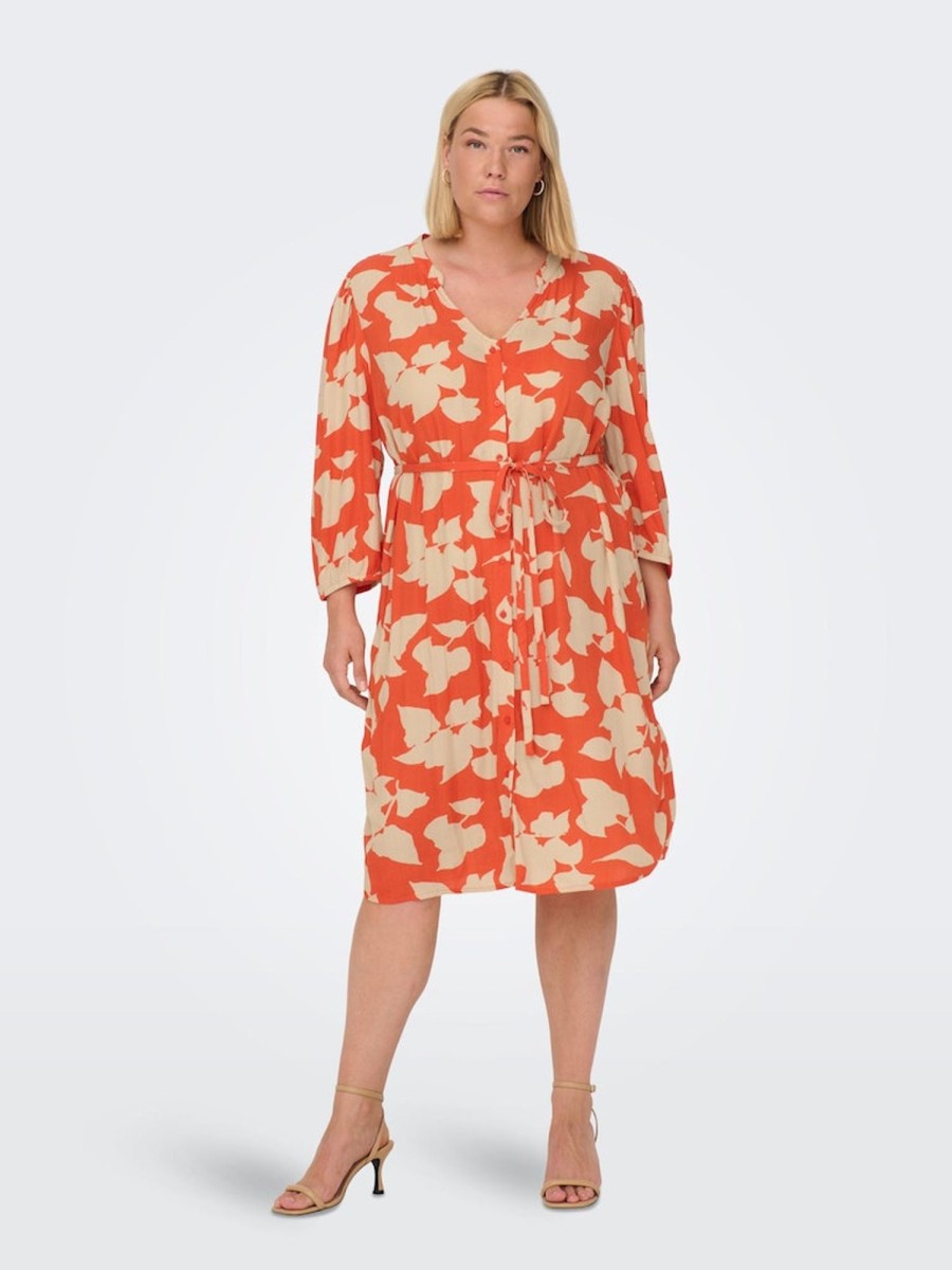 Overdele ONLY CARMAKOMA | Caremerson Life 3/4 Shirt Knee Dress Tigerlily Big Leaves