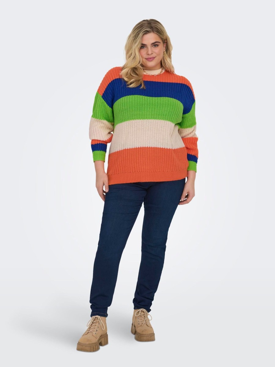 Overdele ONLY CARMAKOMA | Carnikka Ls Stripe O-Neck Knt Birch Orange C/Surf The Web/Jasmine Green