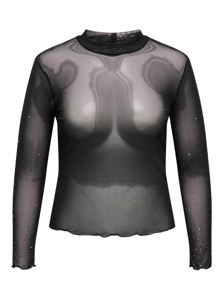 Overdele ONLY CARMAKOMA | Carelsa L/S Mesh Shine Top Jrs Black Rhinestones