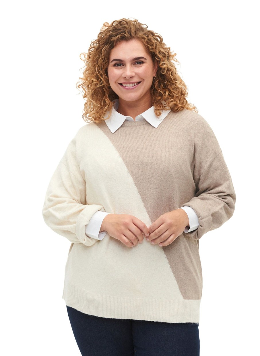 Overdele Zizzi | Zimsunny - L/S - Block Pullover Simply Taupe Comb