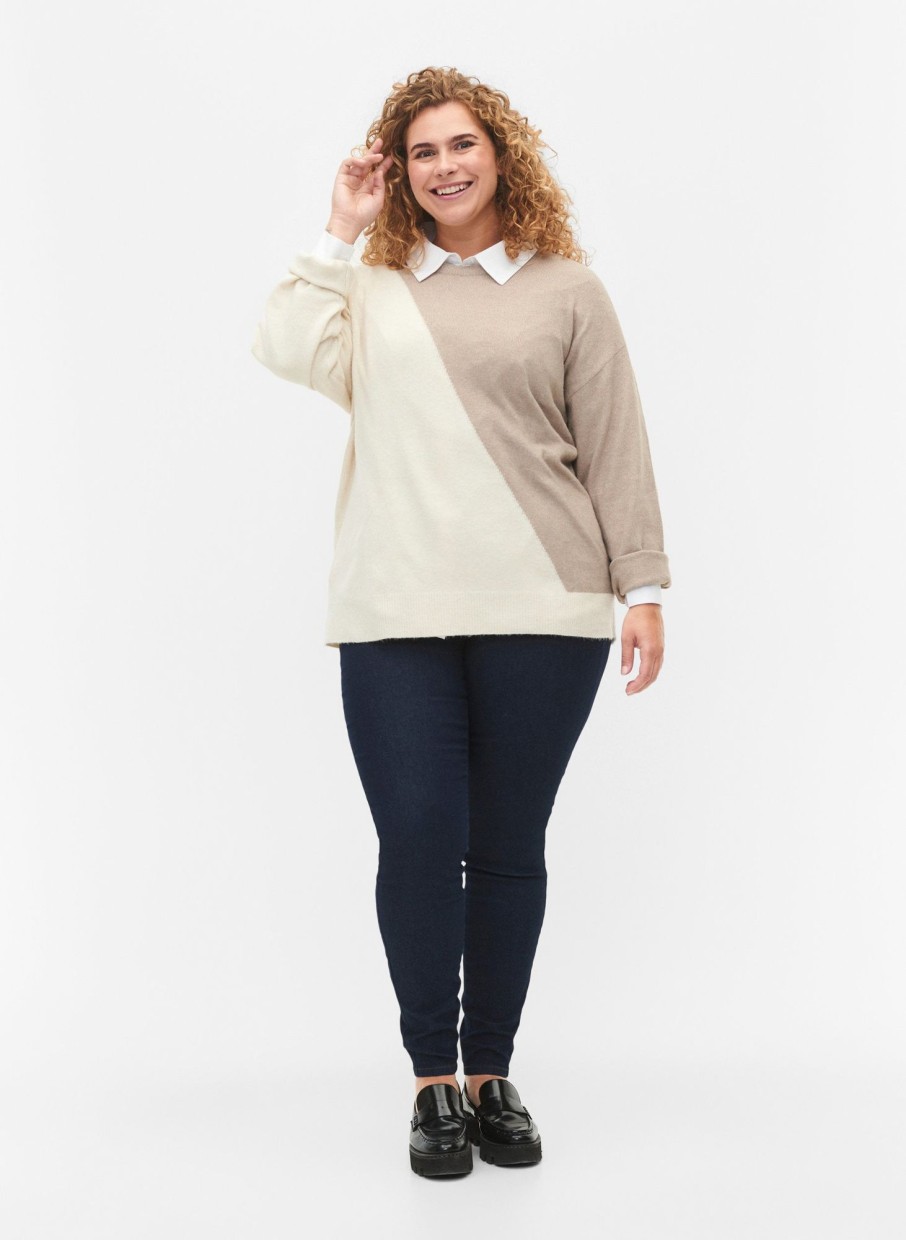 Overdele Zizzi | Zimsunny - L/S - Block Pullover Simply Taupe Comb