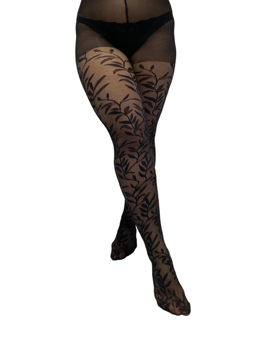 Underdele Pamela Mann | Pmleaf Pattern Sheer Curvy Tights-Black - 30 Denier