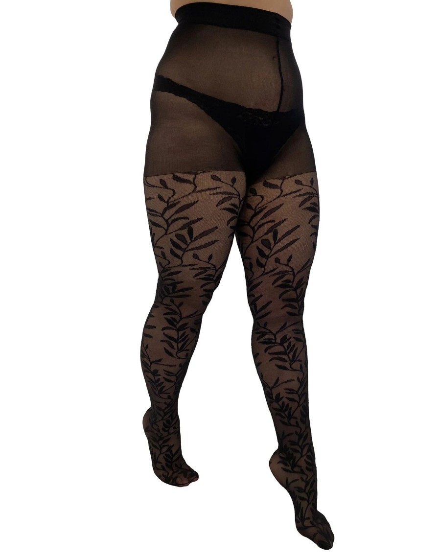 Underdele Pamela Mann | Pmleaf Pattern Sheer Curvy Tights-Black - 30 Denier