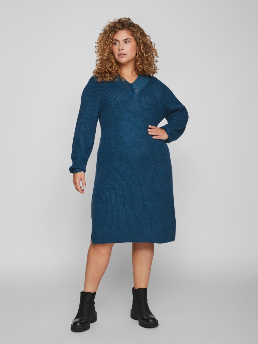 Overdele EVOKED VILA | Viglacy V-Neck L/S Mid Knit Dress/Cur Moroccan Blue