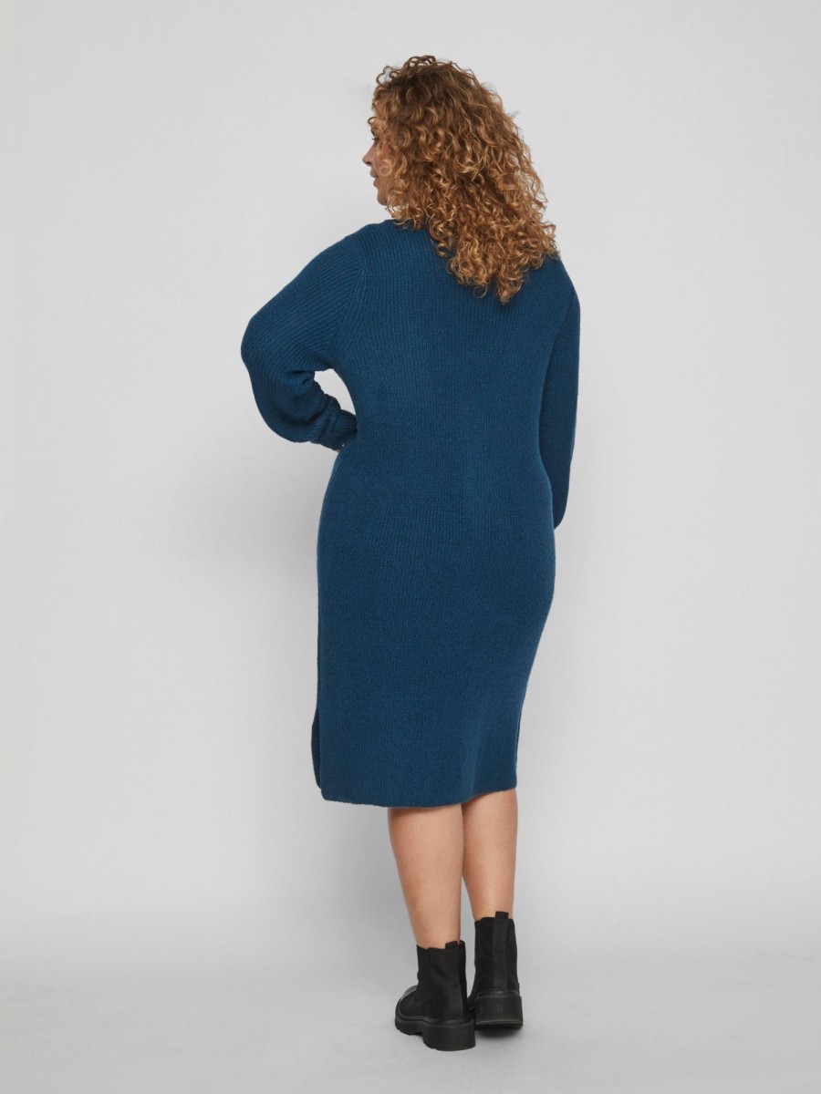 Overdele EVOKED VILA | Viglacy V-Neck L/S Mid Knit Dress/Cur Moroccan Blue