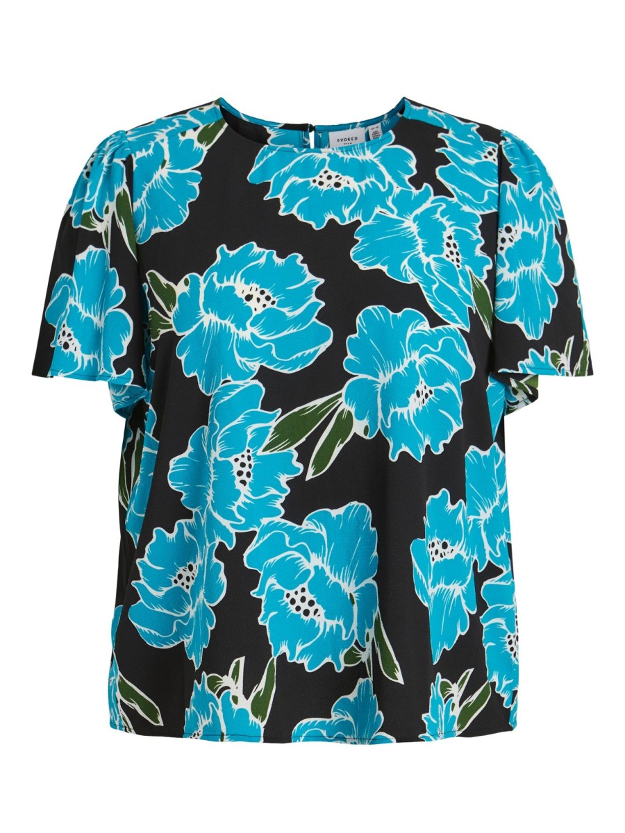 Overdele EVOKED VILA | Viminno O-Neck S/S Top/Cur Black Blue Flow