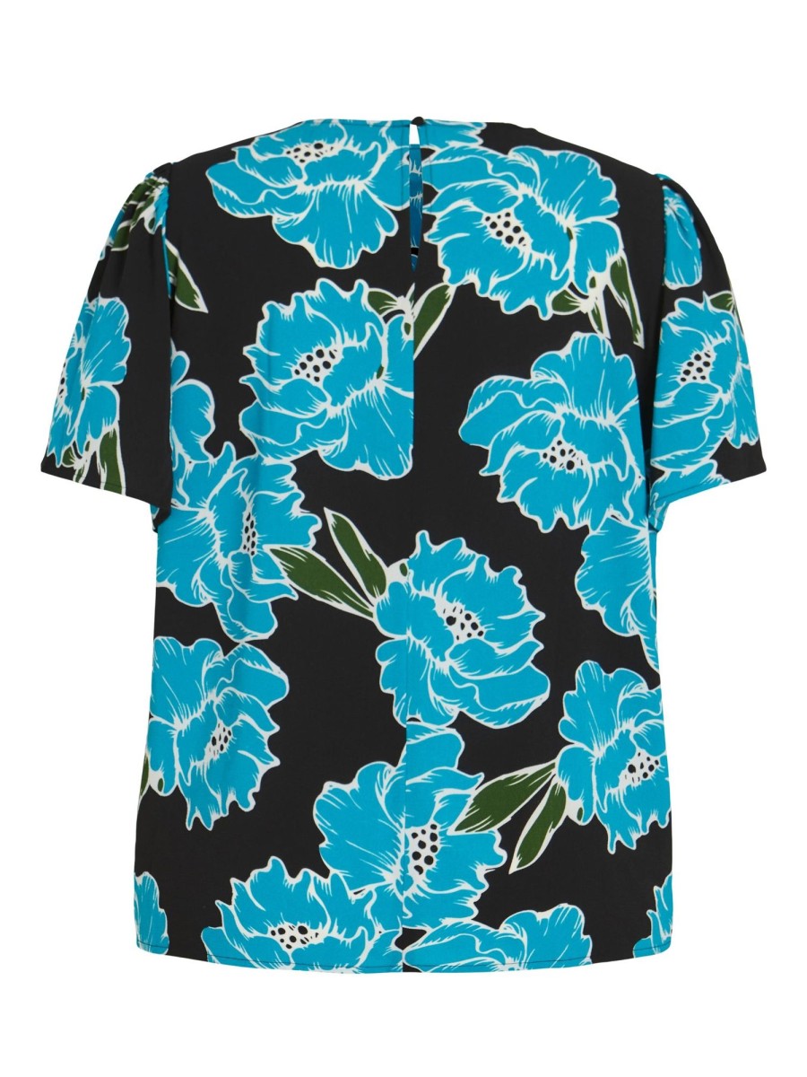 Overdele EVOKED VILA | Viminno O-Neck S/S Top/Cur Black Blue Flow