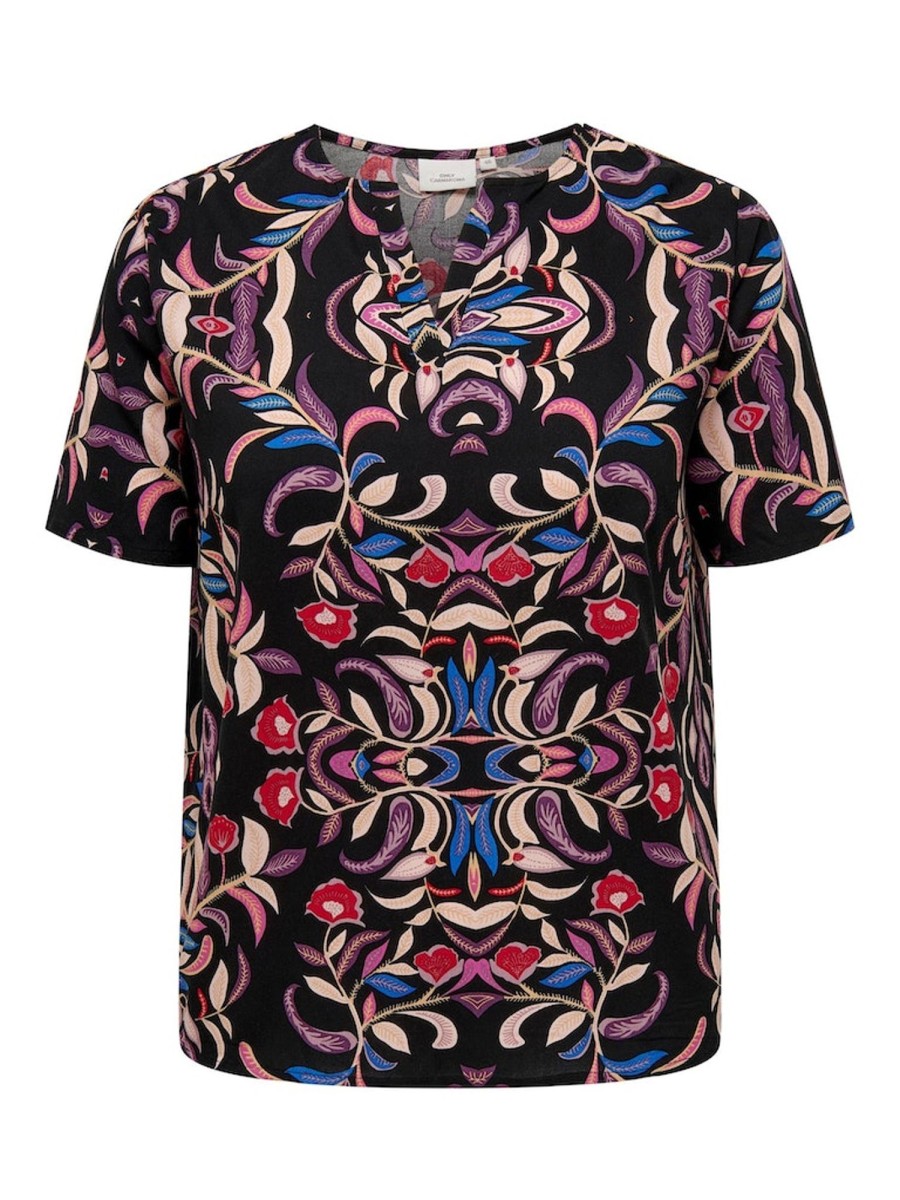 Overdele ONLY CARMAKOMA | Carnolana Life S/S V-Neck Top Aop Black Cosmic Paisley