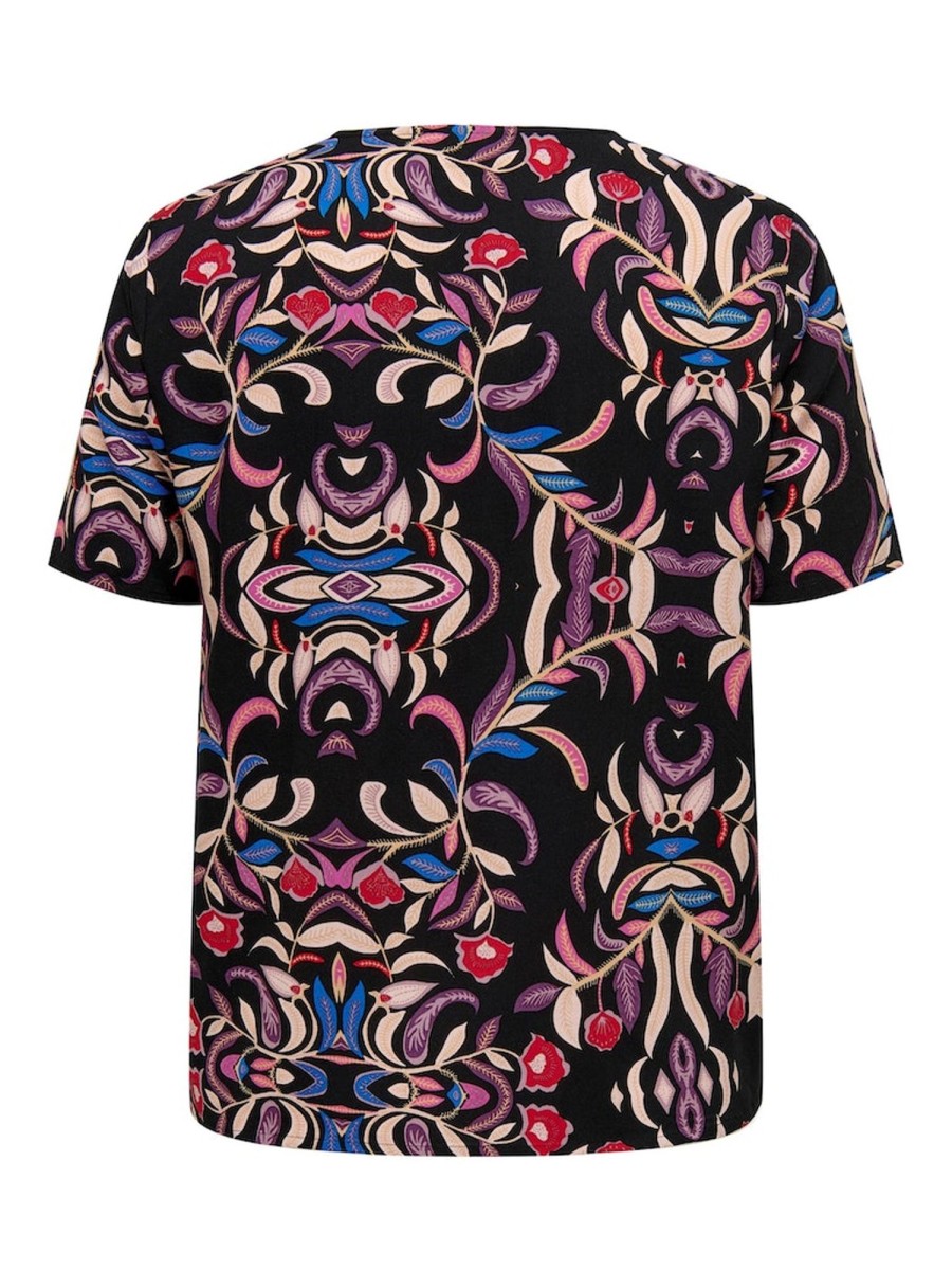 Overdele ONLY CARMAKOMA | Carnolana Life S/S V-Neck Top Aop Black Cosmic Paisley