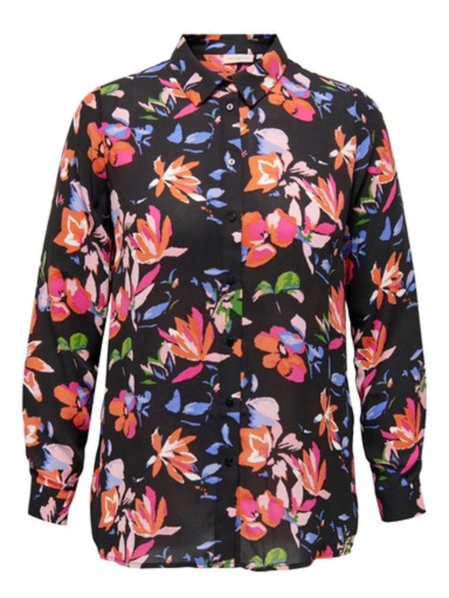 Overdele ONLY CARMAKOMA | Caralma Life Long Shirt Black Fleur