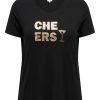 Overdele ONLY CARMAKOMA | Carmea Ss V-Neck Reg Tee Jrs Black Cheers Front Print