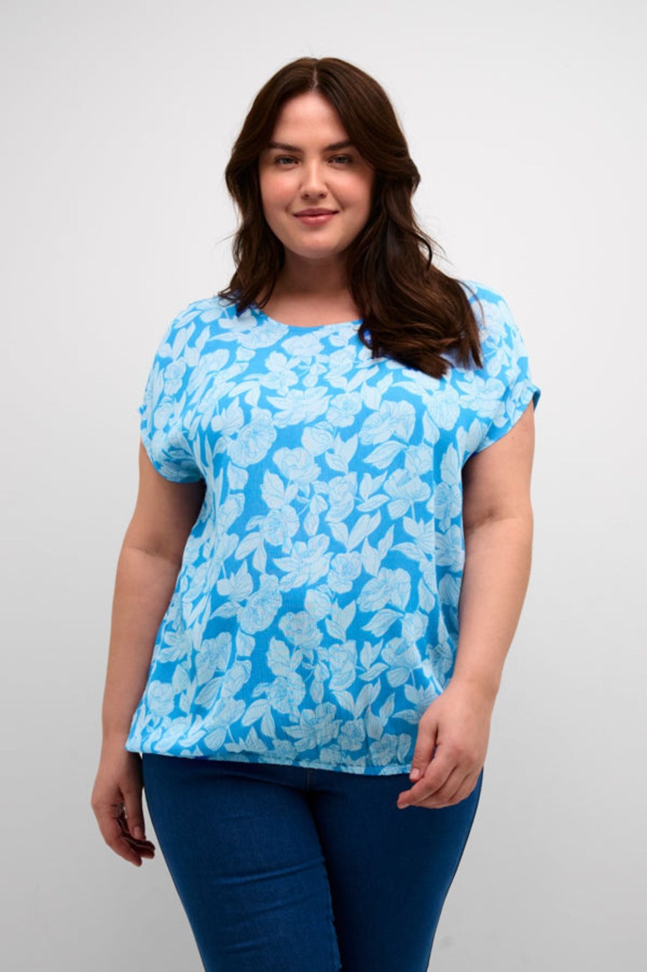 Overdele Kaffe Curve | Kclise Stine Blouse Large Blue Flower Print